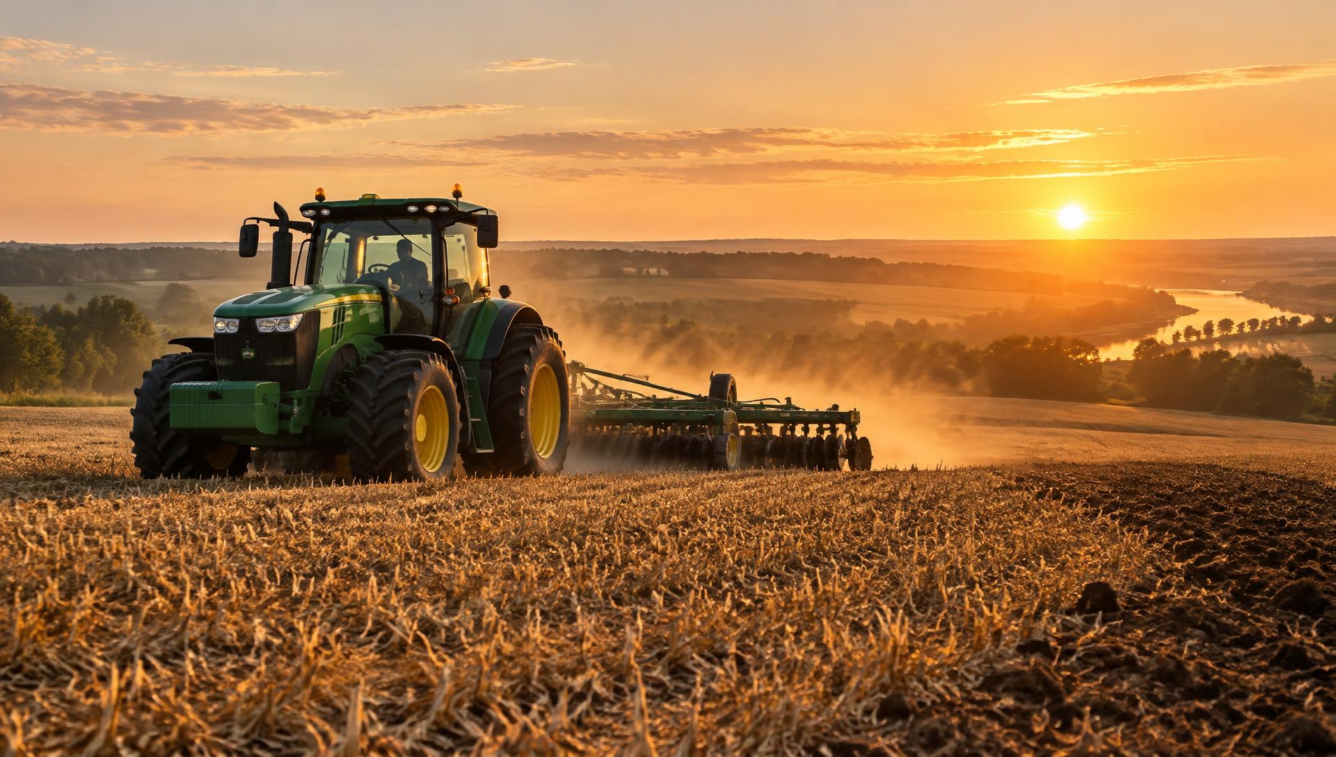 Tractor arando un campo al amanecer